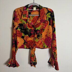 Vintage Mesmerize Floral Bell Sleeve Tie Front Blouse Size Medium